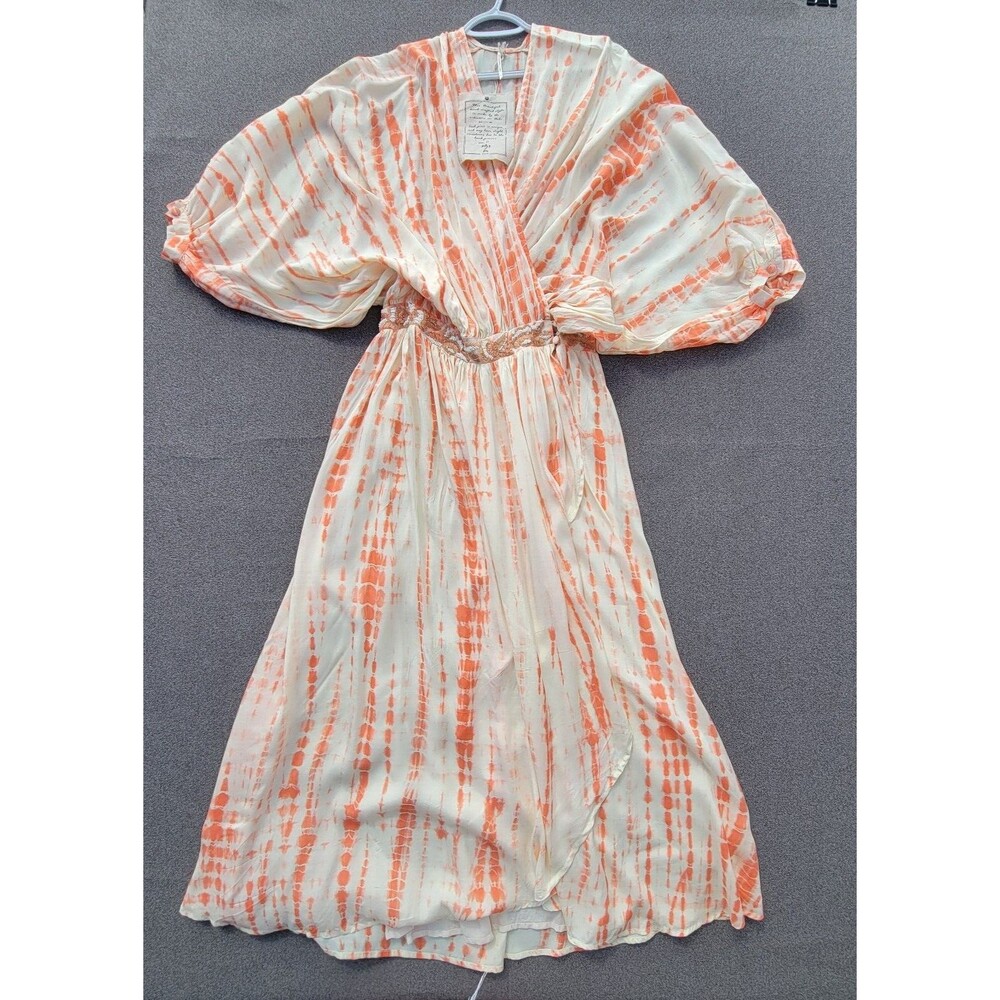 Free People M Cream Orange Tie Dye Beaded Bohemian Batwing Dolman Wrap Dress 959
